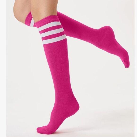 Pink and white Over Calf / Knee High socks with 2 stripes Activewear Socks - Picture 1 of 9
